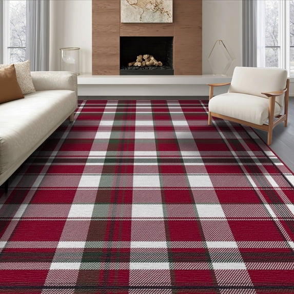 ODIKA 6'x9' Washable Area Rug Non-Slip, Easy Care, Grid Tartan Motif Gingham Striped Checkered Front Layering Plaid Flowing Dynamic for Family Room, Living Mater Bedroom
