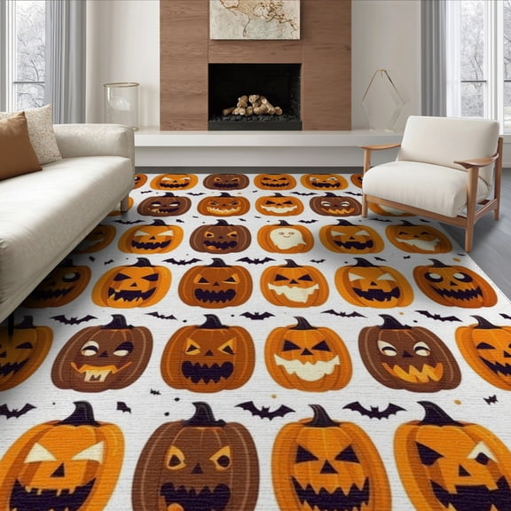 ODIKA 6'x9' Washable Area Rug Non-Slip, Easy Care, Halloween Pumpkin Ghost Bat Welcome Doormat Spooky Fiber Door for Family Room, Living Mater Bedroom