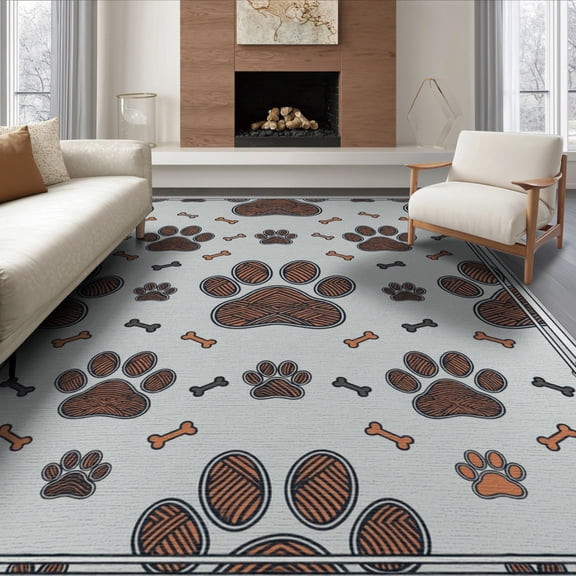 ODIKA 6'x9' Washable Area Rug Non-Slip, Easy Care, Interlocking Motif Bone Alfombra Para Perros Schnauzer Print Paws Refined for Family Room, Living Mater Bedroom
