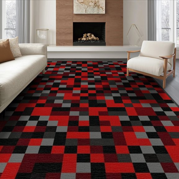 ODIKA 6'x9' Washable Area Rug Non-Slip, Easy Care, Interlocking Squares Bold Mosaic Grid Geometric Contemporary Abstract Flowing for Family Room, Living Mater Bedroom