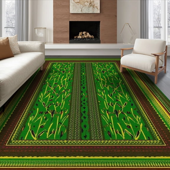 ODIKA 6'x9' Washable Area Rug Non-Slip, Easy Care, Jungle Totems Insect Patterned Motifs Eclectic Border Motif Scatter for Family Room, Living Room, Master Bedroom