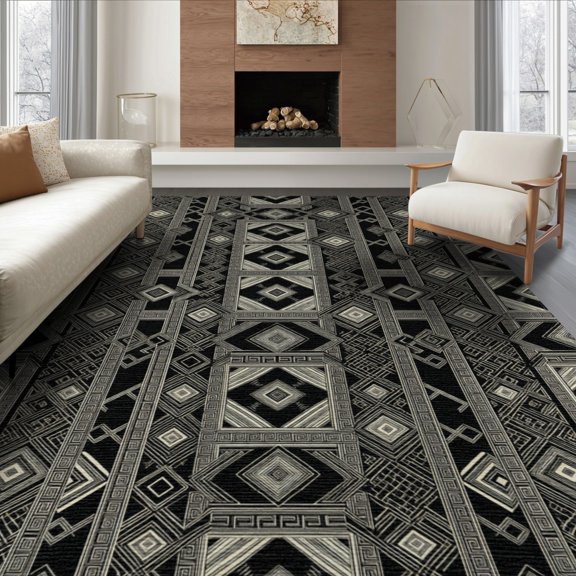 ODIKA 6'x9' Washable Area Rug Non-Slip, Easy Care, Lattice Boho Checker Layout Geometric Border Motif Greek Key Refined Structured for Family Room, Living Room, Master Bedroom