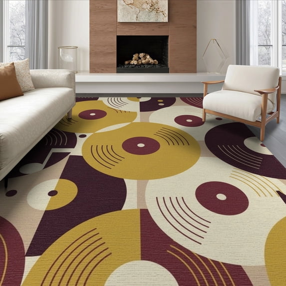 ODIKA 6'x9' Washable Area Rug Non-Slip, Easy Care, Layered Cd Disc Abstract Musical Collage Round Floor Covering for Family Room, Living Room, Master Bedroom
