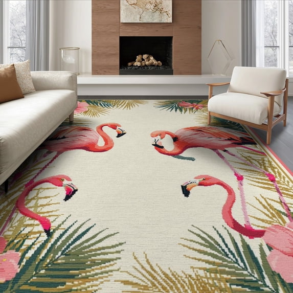 ODIKA 6'x9' Washable Area Rug Non-Slip, Easy Care, Leaves Boho Symmetrical Botanical Frond Border Jungle Motif Exotic for Family Room, Living Room, Master Bedroom
