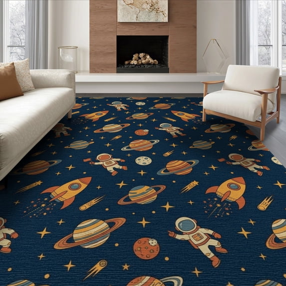 ODIKA 6'x9' Washable Area Rug Non-Slip, Easy Care, Map Astronaut Rocket Motifs Starry Nebula Themed Galaxy Playful Expressive for Family Room, Living Room, Master Bedroom