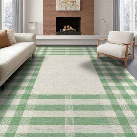 ODIKA 6'x9' Washable Area Rug Non-Slip, Easy Care, Mint Decorative Gingham Grid Contemporary Plaid Neutral Checkered for Family Room, Living Room, Master Bedroom