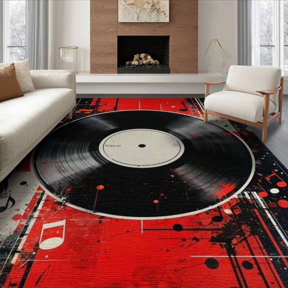 ODIKA 6'x9' Washable Area Rug Non-Slip, Easy Care, Music Note Cd Vinyl Record Abstract Grunge Disc Border Round for Family Room, Living Mater Bedroom
