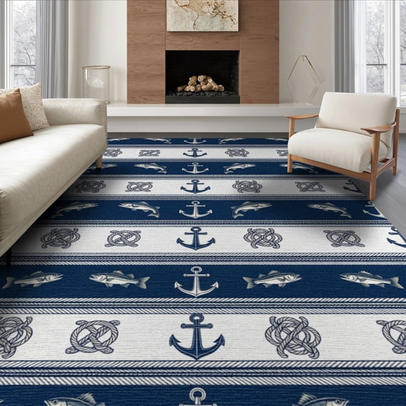 ODIKA 6'x9' Washable Area Rug Non-Slip, Easy Care, Nautical Bass Motif Stripe Border Lure Novelty Hooked Fishing Refined Structured for Family Room, Living Room, Master Bedroom