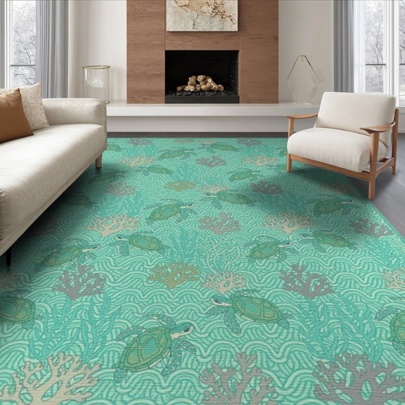 ODIKA 6'x9' Washable Area Rug Non-Slip, Easy Care, Ocean Turtle Main Reef Boho Border Map Nautical Wave Coral Compass for Family Room, Living Room, Master Bedroom