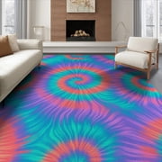 ODIKA 6'x9' Washable Area Rug Non-Slip, Easy Care, Ombre Wave Boho Swirl With Abstract Rainbow Hippie Gradient Tie Dye R