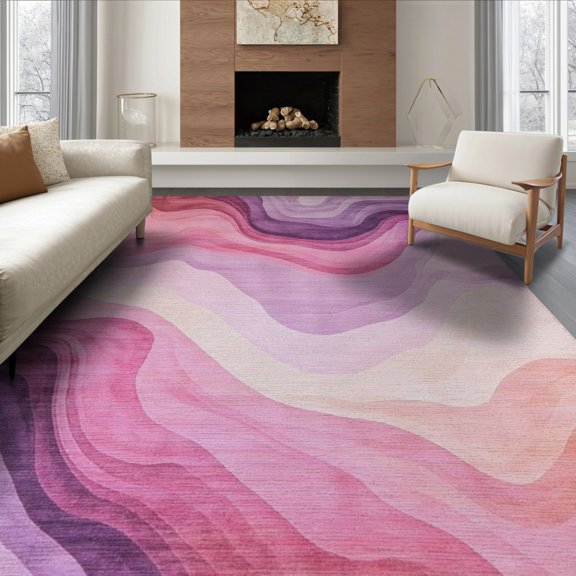 ODIKA 6'x9' Washable Area Rug Non-Slip, Easy Care, Pink Purple Tie Dye Marbled Boho Abstract Ripple Gradient Dyed for Family Room, Living Room, Master Bedroom