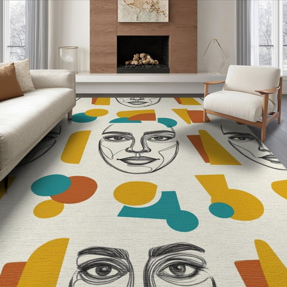 ODIKA 6'x9' Washable Area Rug Non-Slip, Easy Care, Retro Contemporary Minimalist Face Drawing Playful Classroom for Family Room, Living Mater Bedroom