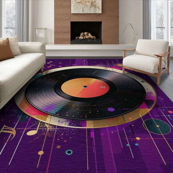 ODIKA 6'x9' Washable Area Rug Non-Slip, Easy Care, Retro Music Vinyl Record Abstract Spinning Disc Round Cd Shape for Family Room, Living Room, Master Bedroom
