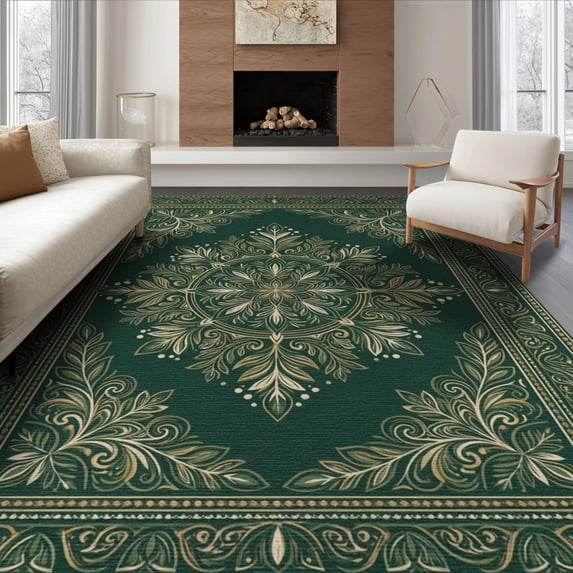 ODIKA 6'x9' Washable Area Rug Non-Slip, Easy Care, Round Rings Boho Leaves Ring Symmetrical Motif Circle Classroom for Family Room, Living Room, Master Bedroom