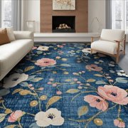 ODIKA 6'x9' Washable Area Rug Non-Slip, Easy Care, Scatter Decorative Wildflower Vintage Distressed Border Boho for Fami