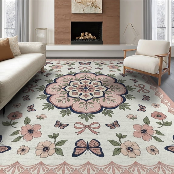 ODIKA 6'x9' Washable Area Rug Non-Slip, Easy Care, Scattered Butterfly Motifs Entry Polka Dot Pink Cute Navy Playful for Family Room, Living Mater Bedroom