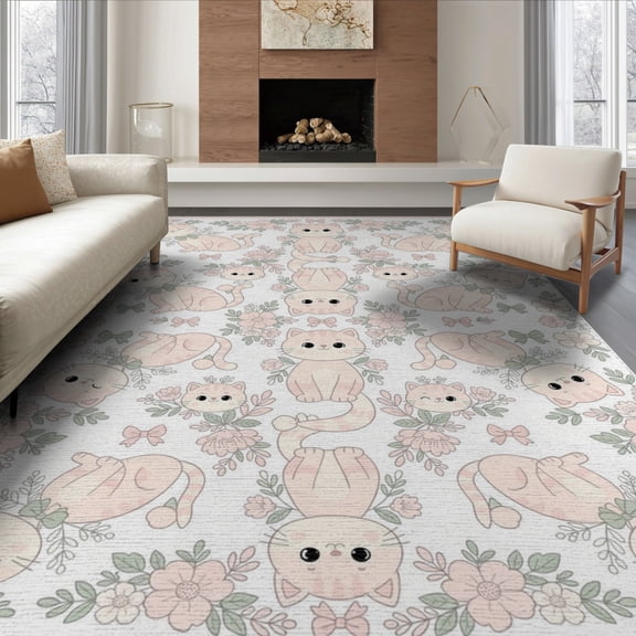 ODIKA 6'x9' Washable Area Rug Non-Slip, Easy Care, Scattered Motifs Blooming Flower Border Cute Cartoon Kittens Boho Flowing for Family Room, Living Room, Master Bedroom