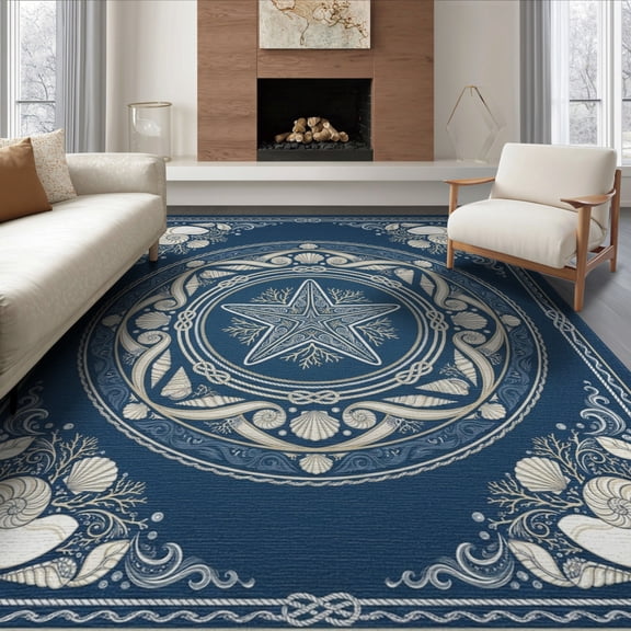 ODIKA 6'x9' Washable Area Rug Non-Slip, Easy Care, Seashell Bathroom Coral Reef Wave Border Starfish Ocean Nautical Playful for Family Room, Living Room, Master Bedroom