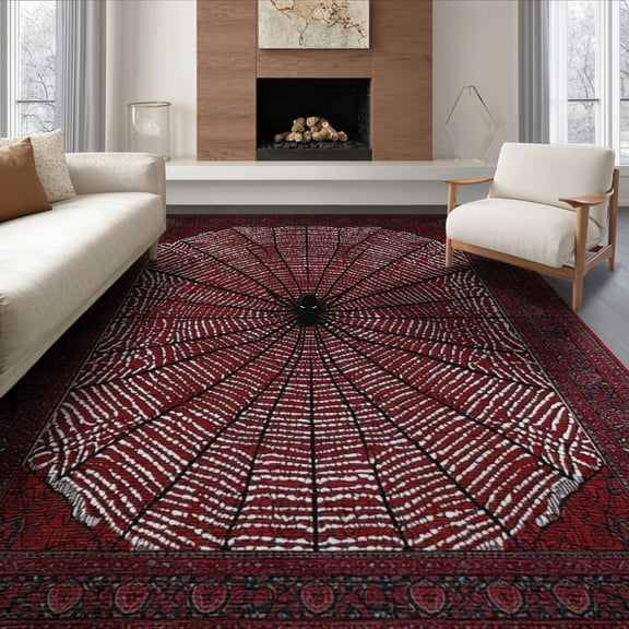 ODIKA 6'x9' Washable Area Rug Non-Slip, Easy Care, Spider Web Decor With Radial Net Burst And Interlocking Border for Family Room, Living Mater Bedroom