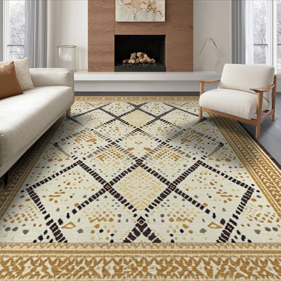 ODIKA 6'x9' Washable Area Rug Non-Slip, Easy Care, Spotted Boho Border Abstract Inspired Patches Southwestern Symmetry for Family Room, Living Room, Master Bedroom