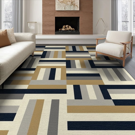 ODIKA 6'x9' Washable Area Rug Non-Slip, Easy Care, Striped Geometric Interlocking Rectangular Bands Varied Width for Family Room, Living Room, Master Bedroom