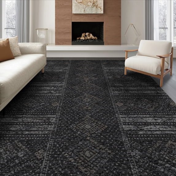 ODIKA 6'x9' Washable Area Rug Non-Slip, Easy Care, Textured Geometric Featuring Faded Accent Bands Modern Design for Family Room, Living Room, Master Bedroom