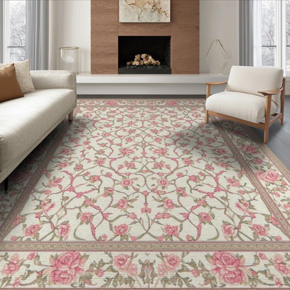 ODIKA 6'x9' Washable Area Rug Non-Slip, Easy Care, Vintage Floral Trellis With Scrolling Botanical Border Design for Family Room, Living Mater Bedroom