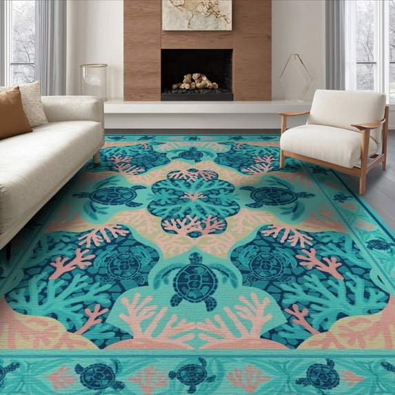 ODIKA 6'x9' Washable Area Rug Ocean Turtle Main Lagoon Mosaic Coral Border Panels Map Nautical for Family Room, Living Room, Master Bedroom, Non-Slip, Easy Care