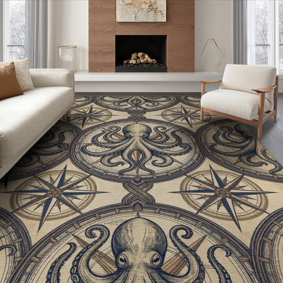 ODIKA 6'x9' Washable Area Rug Octopus Vintage Maritime Map Compass Nautical Border Rum Doormat Refined for Queen Size Bedroom, Under Bed, Master Suite, Easy Care, Non-Shedding