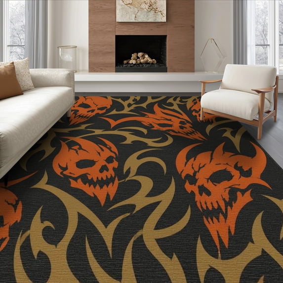 ODIKA 6'x9' Washable Area Rug Orange Black Gothic Skulls and Flames Design Intricate Motif with Fiery Skull for Family Room, Living Room, Master Bedroom, Non-Slip, Easy Care