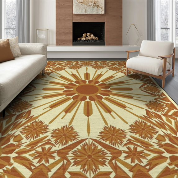 ODIKA 6'x9' Washable Area Rug Orange Decorative Mid Century Radiating Sunburst Tufted Bathroom for Family Room, Living Mater Bedroom, Non-Slip, Easy Care