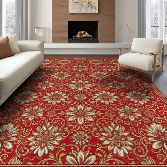 ODIKA 6'x9' Washable Area Rug Oriental Allover With Vintage Medallion And Vines Boho Floral Refined Structured for Queen Size Bedroom, Under Bed, Master Suite, Easy Care, Non-Shedding