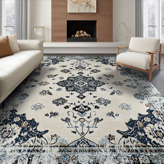 ODIKA 6'x9' Washable Area Rug Oushak Medallion Distressed Vintage Ornamental Tracery Border for Dining Room, Under Table, Office Décor, Non-Slip Chair-Friendly