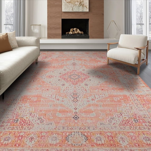 ODIKA 6'x9' Washable Area Rug Peach Medallion Distressed Vintage Scroll Diamond Motif Border for Family Room, Living Room, Master Bedroom, Non-Slip, Easy Care