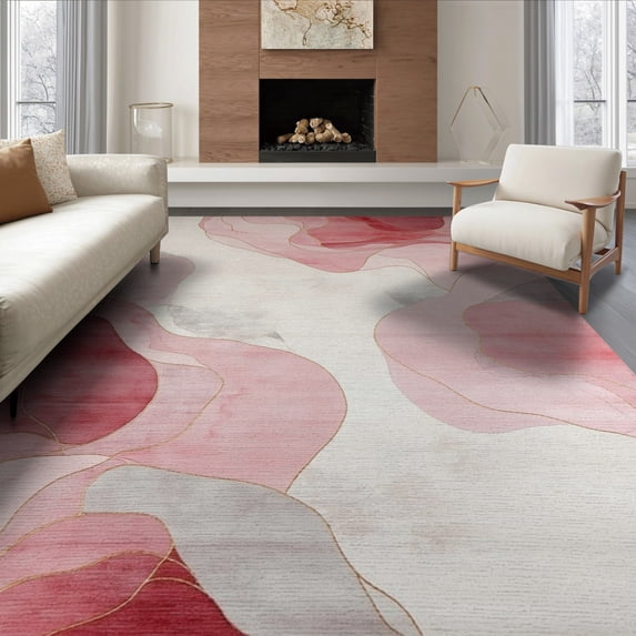 ODIKA 6'x9' Washable Area Rug Pink Abstract Brushstroke Marbled Watercolor Swirls Splash Swirl for Dining Room, Under Table, Office Décor, Non-Slip Chair-Friendly