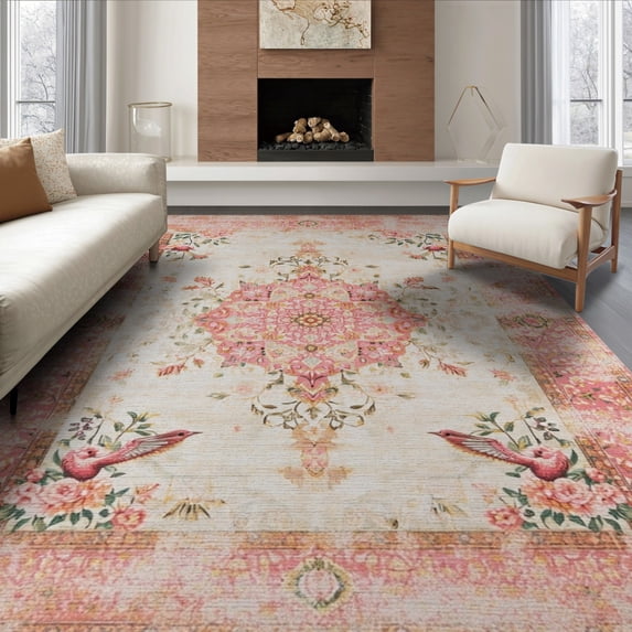 ODIKA Pink Boho Vintage Bird Botanical Extra Large Blush Flower Distressed for Queen Size Bedroom, Under Bed, Master Suite, Foldable Easy Care