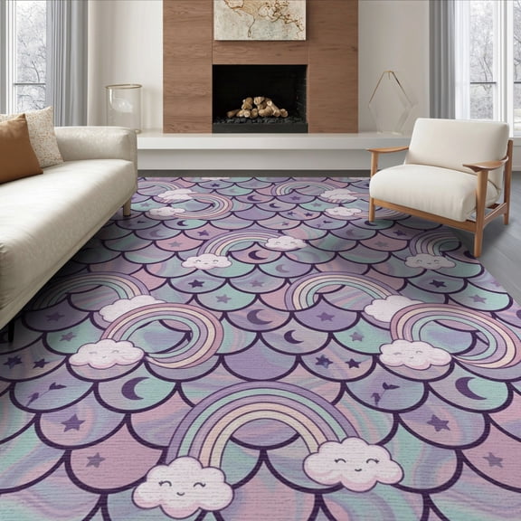 ODIKA 6'x9' Washable Area Rug Pink Galaxy Whimsical Mermaid Scales Iridescent Lilac Accents, Kawaii Clouds for Queen Size Bedroom, Under Bed, Master Suite, Easy Care, Non-Shedding