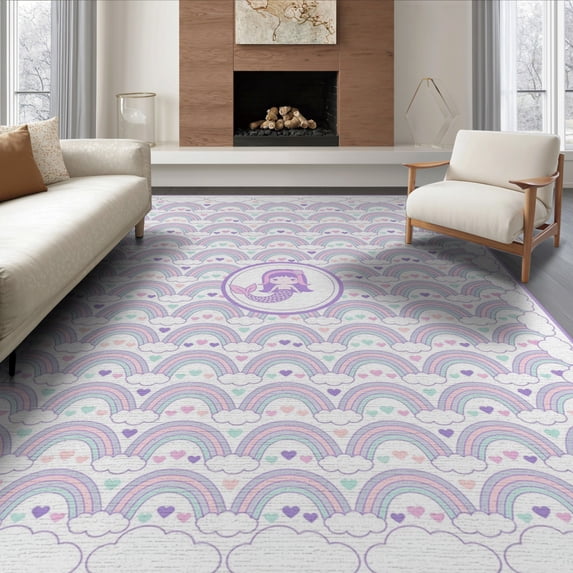ODIKA 6'x9' Washable Area Rug Pink Mermaid Kawaii Border Galaxy Shaped Floormat Flowing Dynamic for Queen Size Bedroom, Under Bed, Master Suite, Easy Care, Non-Shedding