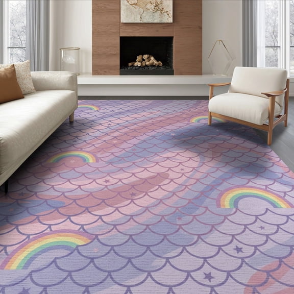 ODIKA 6'x9' Washable Area Rug Pink Mermaid Rainbow Lavender Delight Whimsical Scales with Stars and Rainbows for Dining Room, Under Table, Office Décor, Non-Slip Chair-Friendly