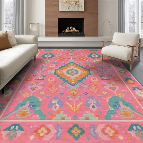 ODIKA 6'x9' Washable Area Rug Pink Vibrant Geometric and Floral Symmetry Elegant Borders with Central Motif for Family Room, Living Room, Master Bedroom, Non-Slip, Easy Care
