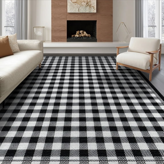 ODIKA 6'x9' Washable Area Rug Plaid Checkered Under Boho Mini Gingham Inset Squares Doormat for Dining Room, Table, Office Décor, Non-Slip Chair-Friendly