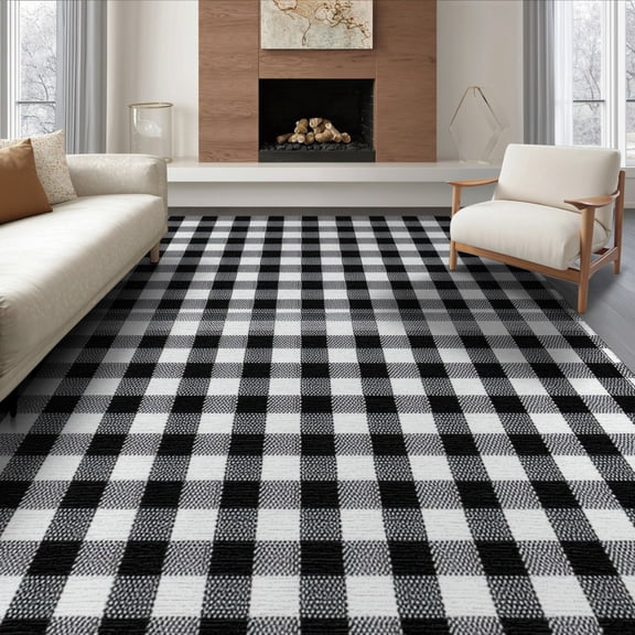 ODIKA 6'x9' Washable Area Rug Plaid Fabric Checkered Farmhouse Border Bathroom Checked Plaidcircle for Dining Room, Under Table, Office Décor, Non-Slip Chair-Friendly