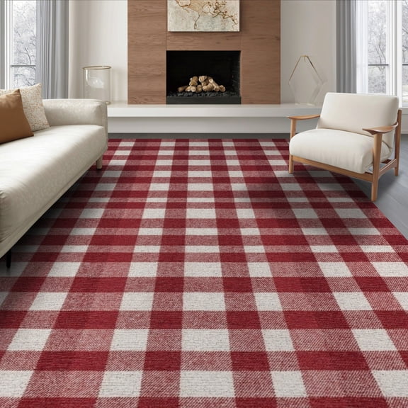 ODIKA 6'x9' Washable Area Rug Plaid Gingham Check With Country Farmhouse Tartan Motif Buffalo Flowing Dynamic for Dining Room, Under Table, Office Décor, Non-Slip Chair-Friendly