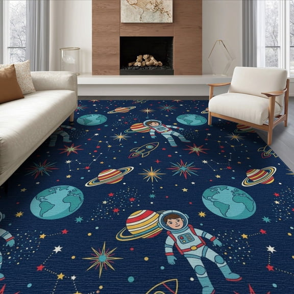 ODIKA 6'x9' Washable Area Rug Planetary Stars Motif Planets Themed Science Large Astronaut Galaxy Playful for Dining Room, Under Table, Office Dcor, Non-Slip Chair-Friendly