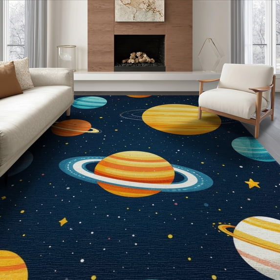 ODIKA 6'x9' Washable Area Rug Playroom Chart Rocket Ship Galaxy Motifs Science Theme Classroom for Queen Size Bedroom, Under Bed, Master Suite, Easy Care, Non-Shedding