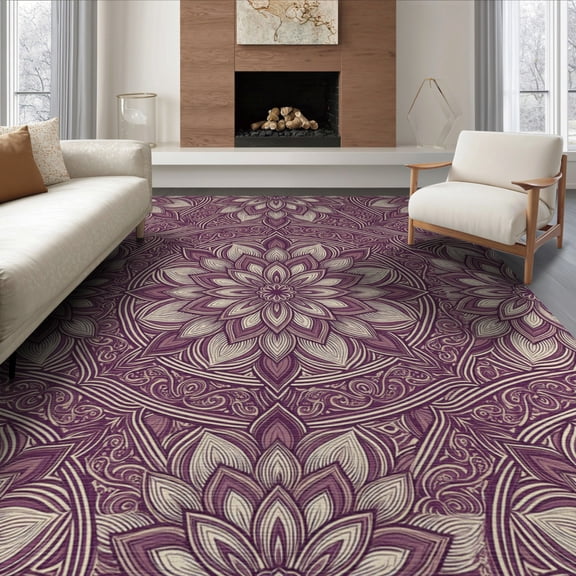 ODIKA 6'x9' Washable Area Rug Plum Radial Purple Symmetrical Scrollwork Border Fuzzy Abstract for Family Room, Living Mater Bedroom, Non-Slip, Easy Care