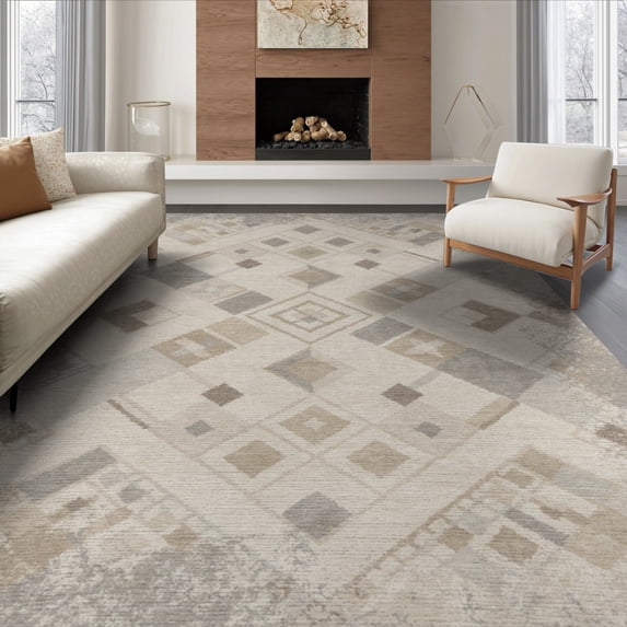 ODIKA 6'x9' Washable Area Rug Plush Minimalist Large Faded Geometric Motifs Farmhouse Neutral for Dining Room, Under Table, Office Décor, Non-Slip Chair-Friendly
