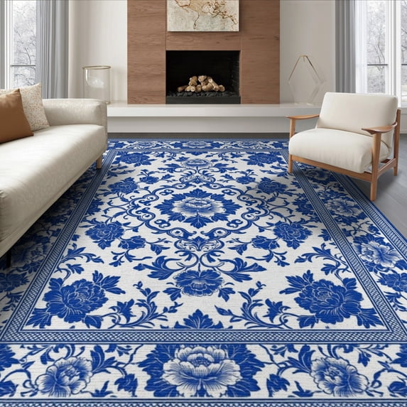 ODIKA 6'x9' Washable Area Rug Porcelain Toile With Pagoda Lattice Border Chinoiserie Floral Refined Structured for Queen Size Bedroom, Under Bed, Master Suite, Easy Care, Non-Shedding