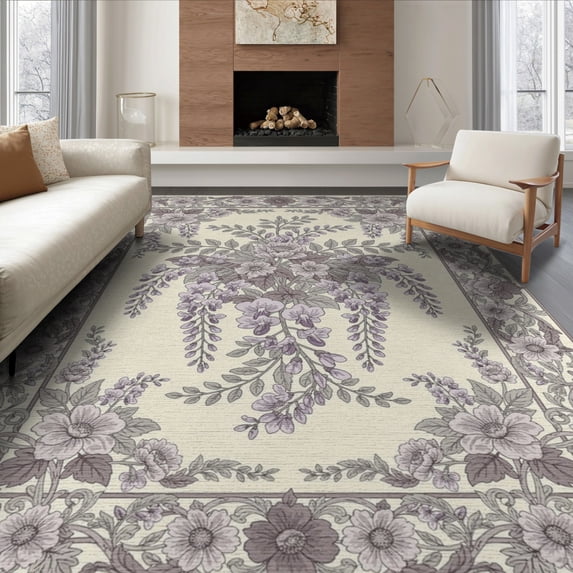 ODIKA 6'x9' Washable Area Rug Purple Symmetrical Centerpiece Cascading Blossoms Ornate Lilac for Dining Room, Under Table, Office Décor, Non-Slip Chair-Friendly
