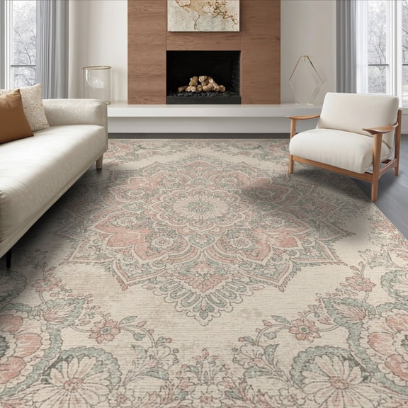 ODIKA 6'x9' Washable Area Rug Quicksand Ornate Transitional Print Pink Vintage Bedside Alfombras for Queen Size Bedroom, Under Bed, Master Suite, Easy Care, Non-Shedding